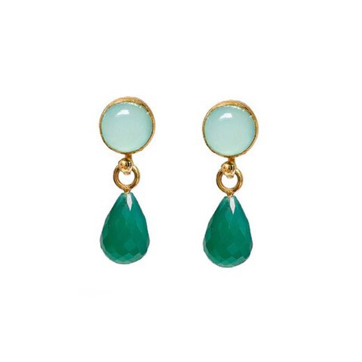 Teardrop shaped gemstone earrings with pale aqua in the stud and green onyx suspended below